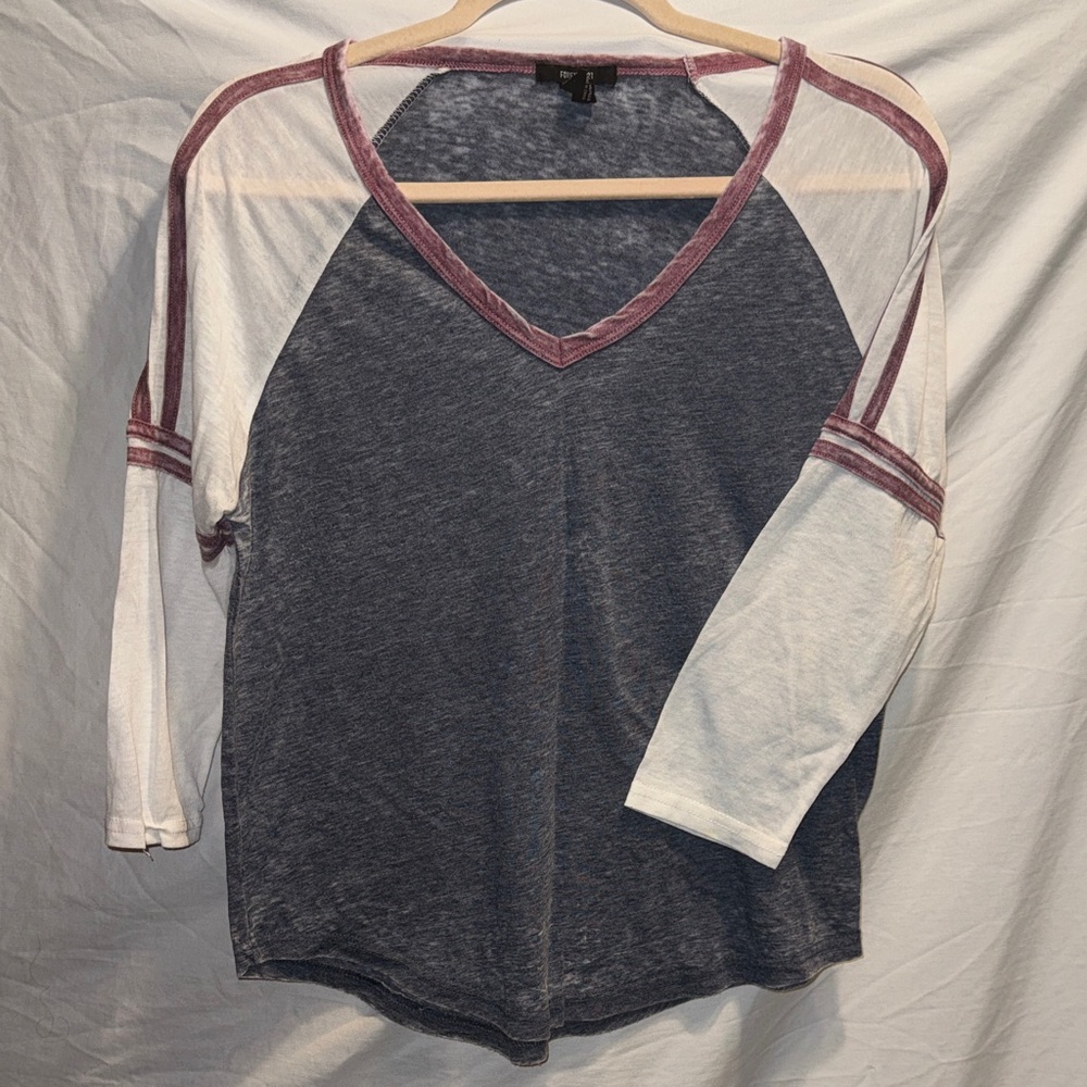 Forever 21 V-Neck Long Sleeve Top - Gray and White with Pink Accents